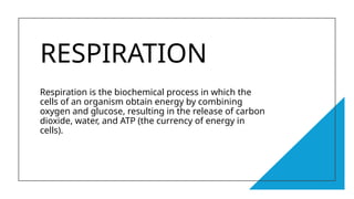 RESPIRATION
Respiration is the biochemical process in which the
cells of an organism obtain energy by combining
oxygen and glucose, resulting in the release of carbon
dioxide, water, and ATP (the currency of energy in
cells).
 