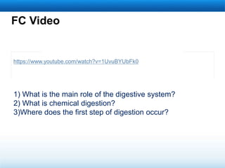 FC Video
1) What is the main role of the digestive system?
2) What is chemical digestion?
3)Where does the first step of digestion occur?
https://www.youtube.com/watch?v=1UvuBYUbFk0
 