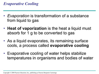 Evaporative Cooling Evaporation  is transformation of a substance from liquid to gas Heat of vaporization  is the heat a liquid must absorb for 1 g to be converted to gas As a liquid evaporates, its remaining surface cools, a process called  evaporative cooling  Evaporative cooling of water helps stabilize temperatures in organisms and bodies of water Copyright © 2008 Pearson Education, Inc., publishing as Pearson Benjamin Cummings 