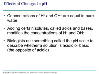Effects of Changes in pH Concentrations of H +  and OH –  are equal in pure water Adding certain solutes, called acids and bases, modifies the concentrations of H +  and OH –   Biologists use something called the pH scale to describe whether a solution is acidic or basic (the opposite of acidic) Copyright © 2008 Pearson Education, Inc., publishing as Pearson Benjamin Cummings 