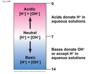 Fig. 3-UN5 Bases donate OH – or accept H +  in aqueous solutions Acids donate H +  in aqueous solutions Acidic [H + ] > [OH – ] Neutral [H + ] = [OH – ] Basic [H + ] < [OH – ] 14 7 0 
