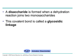A  disaccharide  is formed when a dehydration reaction joins two monosaccharides  This covalent bond is called a  glycosidic linkage Animation: Disaccharides Copyright © 2008 Pearson Education, Inc., publishing as Pearson Benjamin Cummings 
