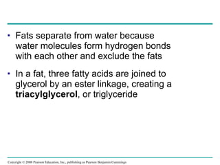 Fats separate from water because water molecules form hydrogen bonds with each other and exclude the fats In a fat, three fatty acids are joined to glycerol by an ester linkage, creating a  triacylglycerol , or triglyceride Copyright © 2008 Pearson Education, Inc., publishing as Pearson Benjamin Cummings 