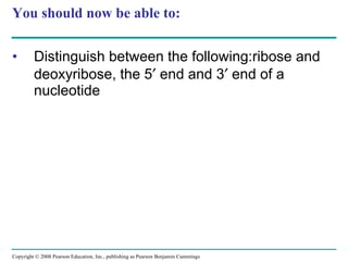You should now be able to: Distinguish between the following:ribose and deoxyribose, the 5   end and 3   end of a nucleotide Copyright © 2008 Pearson Education, Inc., publishing as Pearson Benjamin Cummings 