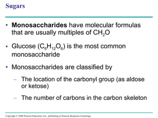 Sugars Monosaccharides  have molecular formulas that are usually multiples of CH 2 O Glucose (C 6 H 12 O 6 ) is the most common monosaccharide Monosaccharides are classified by  The location of the carbonyl group (as aldose or ketose) The number of carbons in the carbon skeleton Copyright © 2008 Pearson Education, Inc., publishing as Pearson Benjamin Cummings 