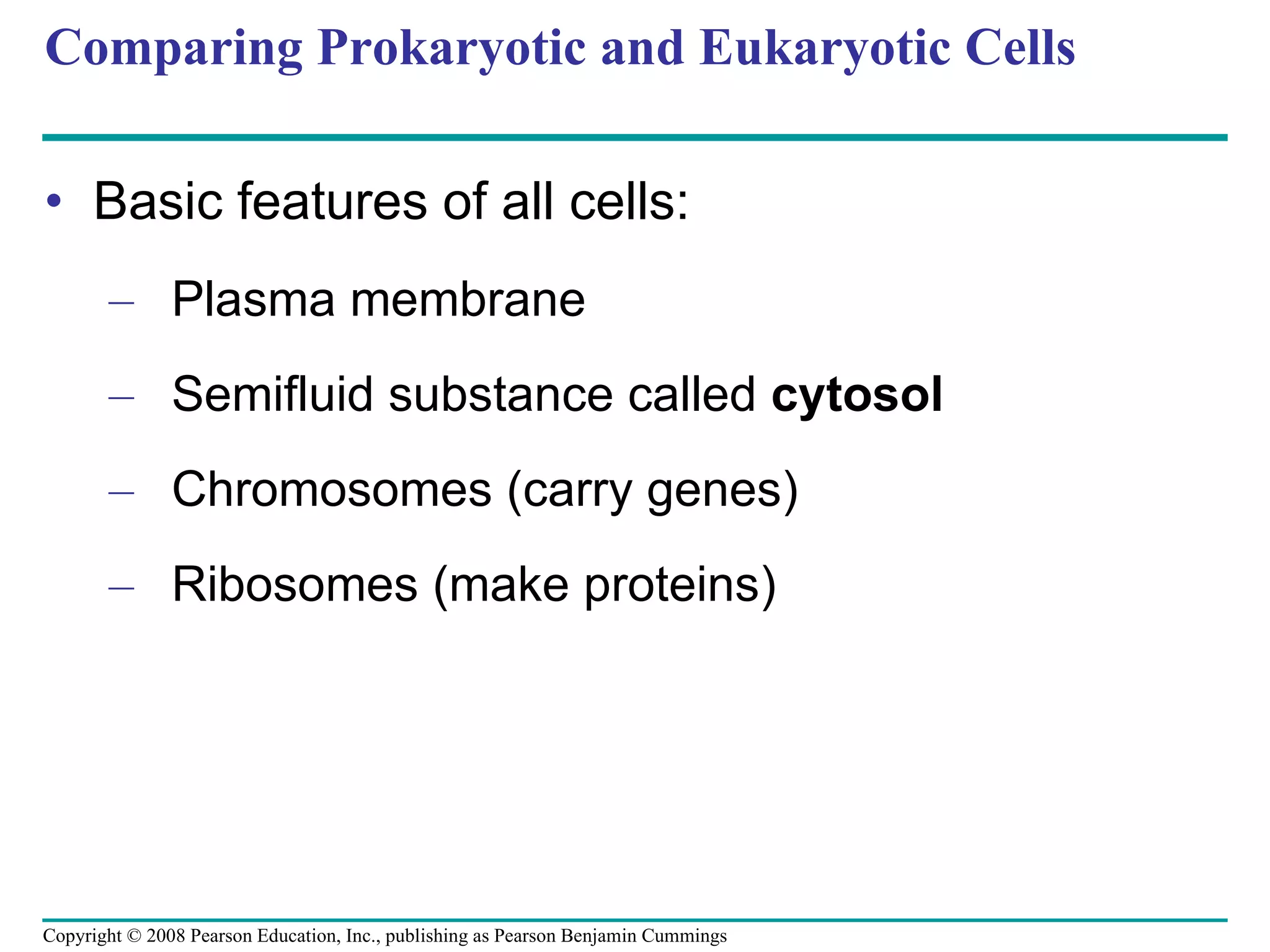 Comparing Prokaryotic and Eukaryotic Cells Basic features of all cells:  Plasma membrane Semifluid substance called  cytosol Chromosomes (carry genes) Ribosomes (make proteins) Copyright © 2008 Pearson Education, Inc., publishing as Pearson Benjamin Cummings 