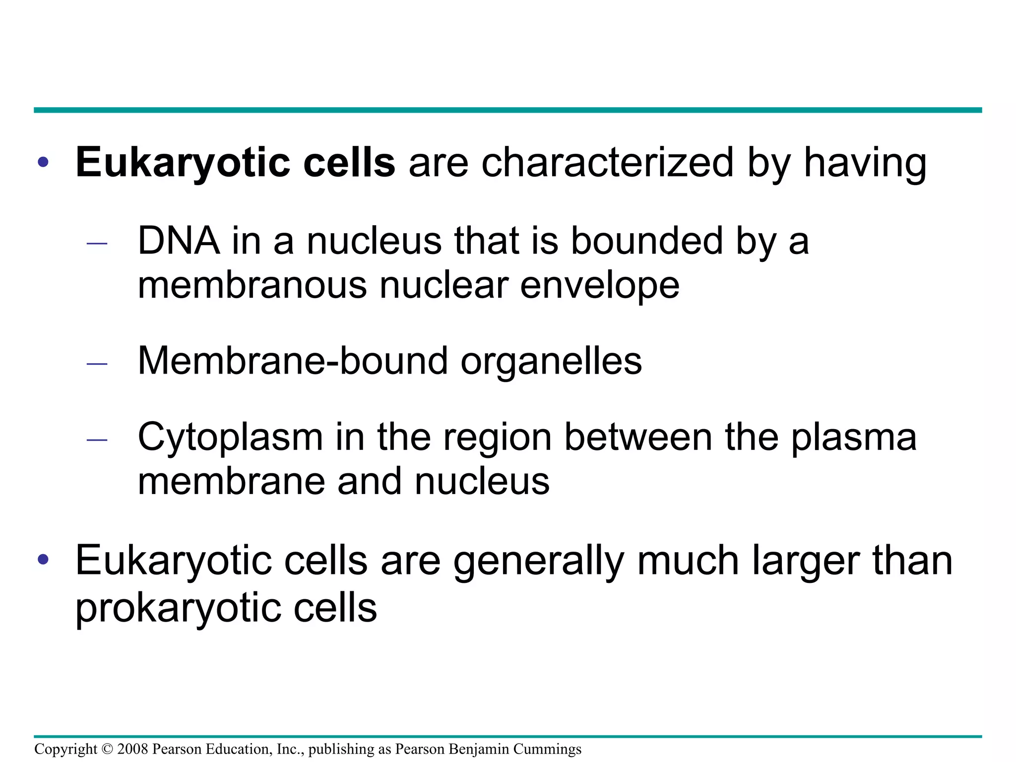 Eukaryotic cells  are characterized by having DNA in a nucleus that is bounded by a membranous nuclear envelope Membrane-bound organelles Cytoplasm in the region between the plasma membrane and nucleus Eukaryotic cells are generally much larger than prokaryotic cells Copyright © 2008 Pearson Education, Inc., publishing as Pearson Benjamin Cummings 