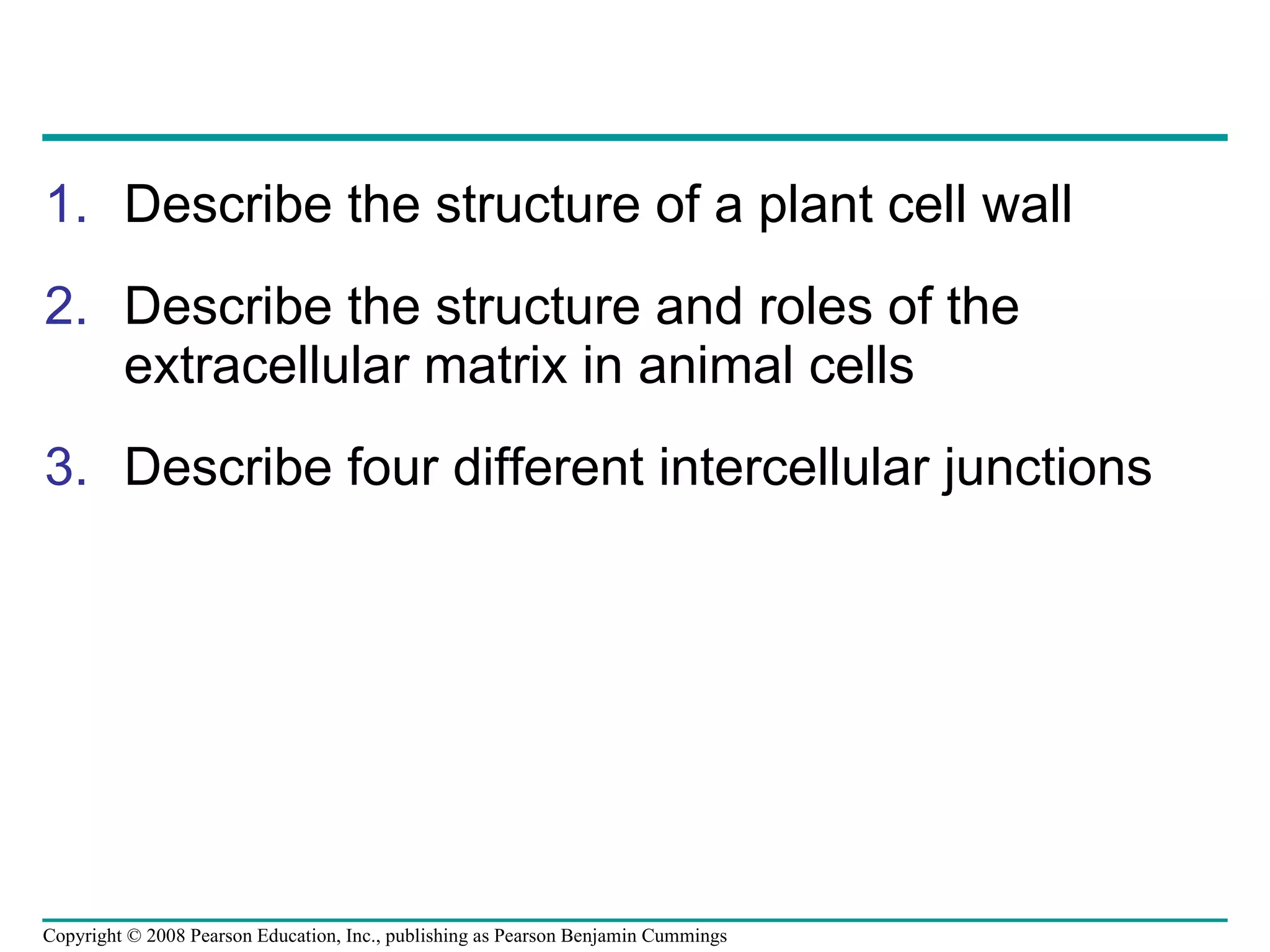 Describe the structure of a plant cell wall Describe the structure and roles of the extracellular matrix in animal cells Describe four different intercellular junctions Copyright © 2008 Pearson Education, Inc., publishing as Pearson Benjamin Cummings 