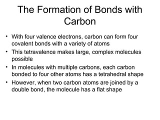 The Formation of Bonds with
Carbon
• With four valence electrons, carbon can form four
covalent bonds with a variety of atoms
• This tetravalence makes large, complex molecules
possible
• In molecules with multiple carbons, each carbon
bonded to four other atoms has a tetrahedral shape
• However, when two carbon atoms are joined by a
double bond, the molecule has a flat shape
 