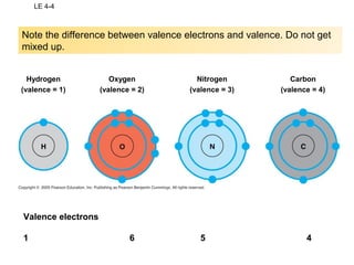 LE 4-4
Hydrogen
(valence = 1)
Oxygen
(valence = 2)
Nitrogen
(valence = 3)
Carbon
(valence = 4)
Valence electrons
1 6 5 4
Note the difference between valence electrons and valence. Do not get
mixed up.
 