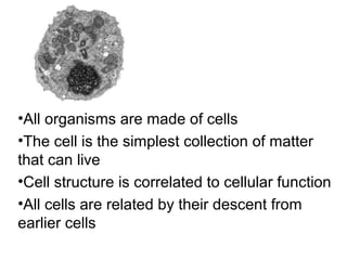 •All organisms are made of cells
•The cell is the simplest collection of matter
that can live
•Cell structure is correlated to cellular function
•All cells are related by their descent from
earlier cells
 