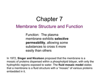 Chapter 7
Membrane Structure and Function
In 1972, Singer and Nicolson proposed that the membrane is a
mosaic of proteins dispersed within a phospholipid bilayer, with only the
hydrophilic regions exposed to water. The fluid mosaic model states
that a membrane is a fluid structure with a “mosaic” of various proteins
embedded in it.
Function: The plasma
membrane exhibits selective
permeability, allowing some
substances to cross it more
easily than others
 