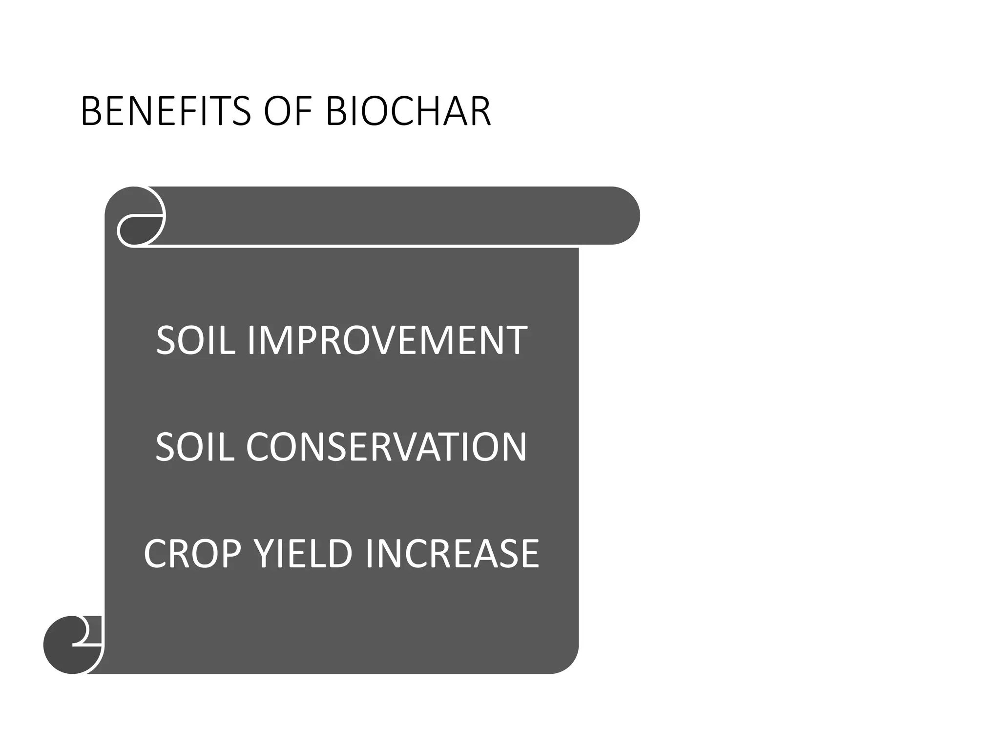 BENEFITS OF BIOCHAR
SOIL IMPROVEMENT
SOIL CONSERVATION
CROP YIELD INCREASE
 