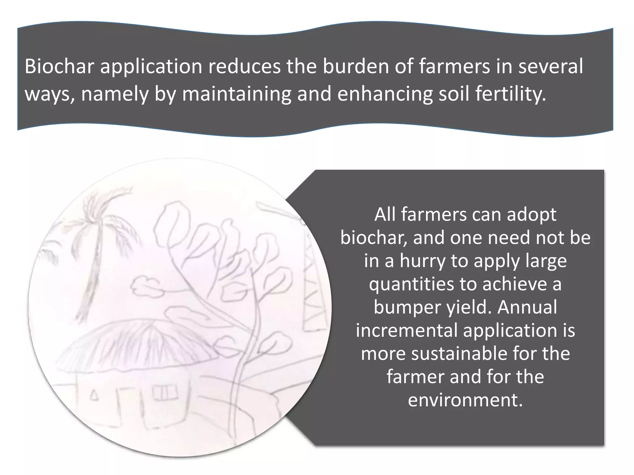 All farmers can adopt
biochar, and one need not be
in a hurry to apply large
quantities to achieve a
bumper yield. Annual
incremental application is
more sustainable for the
farmer and for the
environment.
Biochar application reduces the burden of farmers in several
ways, namely by maintaining and enhancing soil fertility.
 