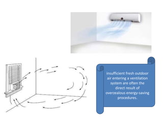 insufficient fresh outdoor
air entering a ventilation
system are often the
direct result of
overzealous energy-saving
procedures.
 