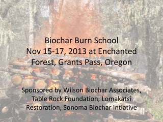 Biochar Burn School
Nov 15-17, 2013 at Enchanted
Forest, Grants Pass, Oregon
Sponsored by Wilson Biochar Associates,
Table Rock Foundation, Lomakatsi
Restoration, Sonoma Biochar Intiative

 