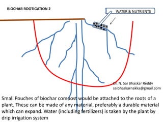 BIOCHAR ROOTIGATION 2




                                                     W
                                                    WATER & NUTRIENTS




                                                     A


                                                     R
                                                     E
                                                     T
                                                  Dr. N. Sai Bhaskar Reddy
                                                  saibhaskarnakka@gmail.com

Small Pouches of biochar compost would be attached to the roots of a
plant. These can be made of any material, preferably a durable material
which can expand. Water (including fertilizers) is taken by the plant by
drip irrigation system
 