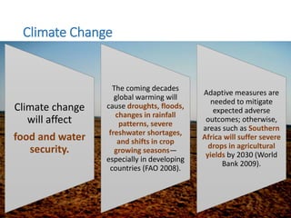 Climate Change
Climate change
will affect
food and water
security.
The coming decades
global warming will
cause droughts, floods,
changes in rainfall
patterns, severe
freshwater shortages,
and shifts in crop
growing seasons—
especially in developing
countries (FAO 2008).
Adaptive measures are
needed to mitigate
expected adverse
outcomes; otherwise,
areas such as Southern
Africa will suffer severe
drops in agricultural
yields by 2030 (World
Bank 2009).
 