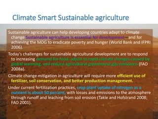 Climate Smart Sustainable agriculture
Sustainable agriculture can help developing countries adapt to climate
change Sustainable agriculture is essential for development—and for
achieving the MDG to eradicate poverty and hunger (World Bank and IFPRI
2006).
Today’s challenges for sustainable agricultural development are to respond
to increasing demand for food, adjust to rapid climate changes caused by
global warming, and reduce agricultural greenhouse gas emissions (FAO
2008a).
Climate change mitigation in agriculture will require more efficient use of
fertilizer, soil conservation, and better production management.
Under current fertilization practices, crop plant uptake of nitrogen as a
nutrient is about 50 percent, with losses and emissions to the atmosphere
through runoff and leaching from soil erosion (Takle and Hofstrand 2008;
FAO 2001).
 