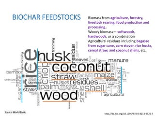 BIOCHAR FEEDSTOCKS Biomass from agriculture, forestry,
livestock rearing, food production and
processing..
Woody biomass— softwoods,
hardwoods, or a combination
Agricultural residues including bagasse
from sugar cane, corn stover, rice husks,
cereal straw, and coconut shells, etc..
http://dx.doi.org/10.1596/978-0-8213-9525-7
 