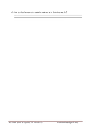 M.Nadeem Ashraf M.sc (Hons) Soil Science UAF nadeemawan17@gmail.com
49. How functional groups crates coexisting areas and write down its properties?
_________________________________________________________________________________
_________________________________________________________________________________
_____________________________________________________________
 