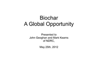 Biochar
A Global Opportunity
          Presented to
  John Geoghan and Mark Kearns
           of NDRC,

         May 25th, 2012
 