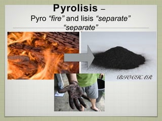 Pyrolisis –
Pyro “fire” and lisis “separate”
“separate”
BIOCHAR