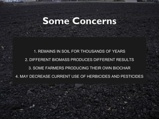 Some Concerns
1. REMAINS IN SOIL FOR THOUSANDS OF YEARS
2. DIFFERENT BIOMASS PRODUCES DIFFERENT RESULTS
3. SOME FARMERS PRODUCING THEIR OWN BIOCHAR
4. MAY DECREASE CURRENT USE OF HERBICIDES AND PESTICIDES