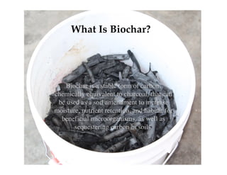 What Is Biochar?




   Biochar is a stable form of carbon,
chemically equivalent to charcoal, that can
 be used as a soil amendment to increase
moisture, nutrient retention, and habitat for
  beneficial microorganisms, as well as
       sequestering carbon in soils.
 