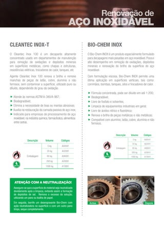 Depois
Antes
CLEANTEC INOX-T
O Cleantec Inox 100 é um decapante altamente
concentrado usado em departamentos de manutenção...