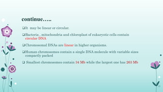 continue…..
It may be linear or circular.
Bacteria , mitochondria and chloroplast of eukaryotic cells contain
circular DNA
Chromosomal DNAs are linear in higher organisms.
Human chromosomes contain a single DNA molecule with variable sizes
compactly packed
 Smallest chromosomes contain 34 Mb while the largest one has 263 Mb
15
 