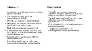 Advantages
• Application to multi-step enzyme reaction
may be possible.
• The enzyme activity yield on
immobilization is high.
• Operational stability is generally high.
• Operations for enzyme extraction and/or
purification are unnecessary.
• High cell densities can be employed.
• Cell densities and enzyme activities can
be expected to be maintained over a long
period of operation.
• Products can be easily removed from
immobilized cells
• Immobilized cells appear to be less
susceptible to microbial contamination.
Disadvantages
• The cells may contain numerous
catalytically active enzymes, which may
catalyze unwanted side reactions.
• The cell membrane itself may serve as a
diffusion barrier, thus reducing
productivity.
• Contamination by cells leaking out from
carriers may occur.
• The physiological state of the
microorganism cannot be controlled
 