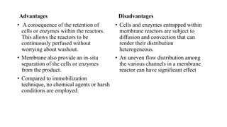 Advantages
• A consequence of the retention of
cells or enzymes within the reactors.
This allows the reactors to be
continuously perfused without
worrying about washout.
• Membrane also provide an in-situ
separation of the cells or enzymes
from the product.
• Compared to immobilization
technique, no chemical agents or harsh
conditions are employed.
Disadvantages
• Cells and enzymes entrapped within
membrane reactors are subject to
diffusion and convection that can
render their distribution
heterogeneous.
• An uneven flow distribution among
the various channels in a membrane
reactor can have significant effect
 