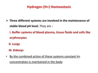 Hydrogen (H+) Homeostasis
 Three different systems are involved in the maintenance of
stable blood pH level. They are :
I. Buffer systems of blood plasma, tissue fluids and cells like
erythrocytes
II. Lungs
III. Kidneys
• By the combined action of these systems constant H+
concentration is maintained in the body.
 