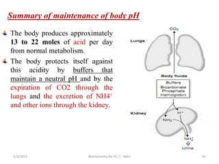 Summary of maintenance of body pH
The body produces approximately
13 to 22 moles of acid per day
from normal metabolism.
The body protects itself against
this acidity by buffers that
maintain a neutral pH and by the
expiration of CO2 through the
lungs and the excretion of NH4+
and other ions through the kidney.
2/3/2023 Biochemistry for PC-1 , AMU 45
 
