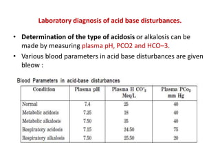Laboratory diagnosis of acid base disturbances.
• Determination of the type of acidosis or alkalosis can be
made by measuring plasma pH, PCO2 and HCO–3.
• Various blood parameters in acid base disturbances are given
bleow :
 