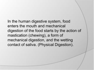 In the human digestive system, food
enters the mouth and mechanical
digestion of the food starts by the action of
mastication (chewing), a form of
mechanical digestion, and the wetting
contact of saliva. (Physical Digestion).
 