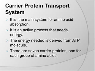 Carrier Protein Transport
System
 It is the main system for amino acid
absorption.
 It is an active process that needs
energy.
 The energy needed is derived from ATP
molecule.
 There are seven carrier proteins, one for
each group of amino acids.
 