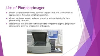 Use of Phosphorimager
 We can use the scanner control software to scan a full 20 x 25cm sample in
approximately 4 minutes using high resolution.
 We can use image analysis software to analyse and manipulate the data
generated by the scans.
 Create image files that can be transferred to compatible graphics programs on
computers to generate image prints and reports.
 