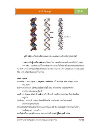 สาขาวิชาเคมี โรงเรียนมหิดลวิทยานุสรณ์ (องค์การมหาชน) หน้า56
สารชีวโมเลกุล 2/2554
รูปที 3.31การเกิดพันธะไฮโดรเจนระหว่างคู่เบสในโครงสร้างเกลียวคู่ของ DNA
3.4.4 การจับคู่เบส ใน RNA (สถาบันส่งเสริมการสอนวิทยาศาสตร์และเทคโนโลยี, 2549)
ส่วน RNA เป็นพอลิเมอร์ทีมีการเชือมต่อของนิวคลีโอไทด์ภายในสายกรดนิวคลีอิกคล้าย
กับ DNA แต่โครงสร้างของ RNA ประกอบด้วยสายพอลินิวคลีโอไทด์ เพียงสายเดียวและมีเบสอะ
ดีนีน กวานีน ไซโตซีนและยูราซิลเท่านัน
บรรณานุกรม
Solomons, G. and Fryhle, C. Organic Chemistry, 10th
ed.;USA. John Wiley & Sons,
Inc., 2004.
ชนิตา พงษ์ลิมานนท์. (2547).เคมีอินทรีย์เบืองต้น. ภาควิชาเคมี คณะวิทยาศาสตร์
มหาวิทยาลัยสงขลานครินทร์
มนตรี จุฬาวัฒนฑล (2542). ชีวเคมี. ภาควิชาชีวเคมี. คณะวิทยาศาสตร์ มหาวิทยาลัยมหิดล
พญาไท
เรืองลักขณา จามิกรณ์. (2543). ชีวเคมีเบืองต้น. ภาควิชาเคมี คณะวิทยาศาสตร์
มหาวิทยาลัยรามคําแหง
สถาบันส่งเสริมการสอนวิทยาศาสตร์และเทคโนโลยี.(2549). เคมี เล่ม 5. กรุงเทพมหานคร ฯ:
โรงพิมพ์คุรุสภา ลาดพร้าว.
สถาบันส่งเสริมการสอนวิทยาศาสตร์และเทคโนโลยี.(2549).คู่มือครูเคมี เล่ม 5.
 