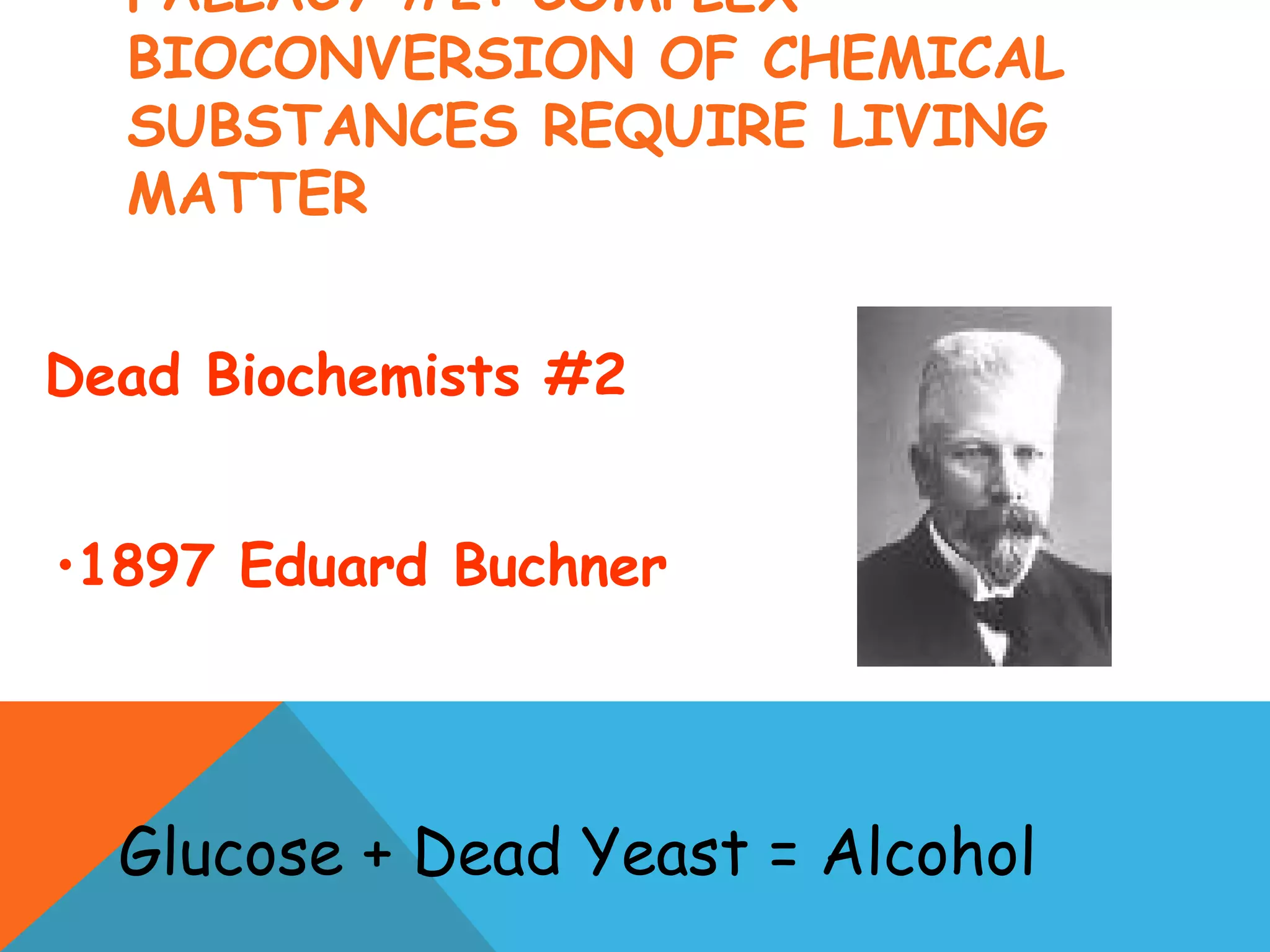 FALLACY #2: COMPLEX
BIOCONVERSION OF CHEMICAL
SUBSTANCES REQUIRE LIVING
MATTER
•1897 Eduard Buchner
Dead Biochemists #2
Glucose + Dead Yeast = Alcohol
 