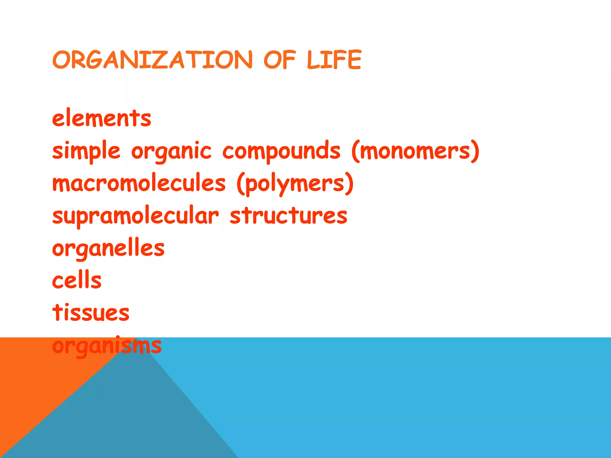 ORGANIZATION OF LIFE
elements
simple organic compounds (monomers)
macromolecules (polymers)
supramolecular structures
organelles
cells
tissues
organisms
 