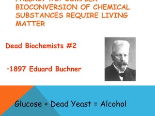FALLACY #2: COMPLEX
BIOCONVERSION OF CHEMICAL
SUBSTANCES REQUIRE LIVING
MATTER
•1897 Eduard Buchner
Dead Biochemists #2
Glucose + Dead Yeast = Alcohol
 