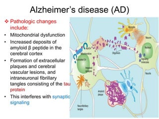 Alzheimer’s disease (AD)
 Pathologic changes
include:
• Mitochondrial dysfunction
• Increased deposits of
amyloid β peptide in the
cerebral cortex
• Formation of extracellular
plaques and cerebral
vascular lesions, and
intraneuronal fibrillary
tangles consisting of the tau
protein
• This interferes with synaptic
signaling
 