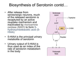 Biosynthesis of Serotonin contd…
• After release from
serotonergic neurons, much
of the released serotonin is
recaptured by an active
reuptake mechanism and
inactivated by monoamine
oxidase (MAO) to form 5-
hydroxyindoleacetic acid (5-
HIAA)
• 5-HIAA is the principal urinary
metabolite of serotonin
• Urinary output of 5-HIAA is
thus used as an index of the
rate of serotonin metabolism
in the body
 