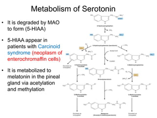 Metabolism of Serotonin
• It is degraded by MAO
to form (5-HIAA)
• 5-HIAA appear in
patients with Carcinoid
syndrome (neoplasm of
enterochromaffin cells)
• It is metabolized to
melatonin in the pineal
gland via acetylation
and methylation
 
