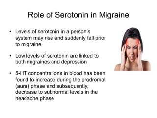Role of Serotonin in Migraine
• Levels of serotonin in a person's
system may rise and suddenly fall prior
to migraine
• Low levels of serotonin are linked to
both migraines and depression
• 5-HT concentrations in blood has been
found to increase during the prodromal
(aura) phase and subsequently,
decrease to subnormal levels in the
headache phase
 