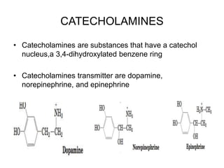 CATECHOLAMINES
• Catecholamines are substances that have a catechol
nucleus,a 3,4-dihydroxylated benzene ring
• Catecholamines transmitter are dopamine,
norepinephrine, and epinephrine
 