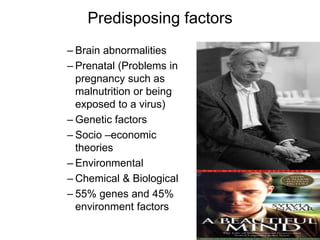 Predisposing factors
– Brain abnormalities
– Prenatal (Problems in
pregnancy such as
malnutrition or being
exposed to a virus)
– Genetic factors
– Socio –economic
theories
– Environmental
– Chemical & Biological
– 55% genes and 45%
environment factors
 