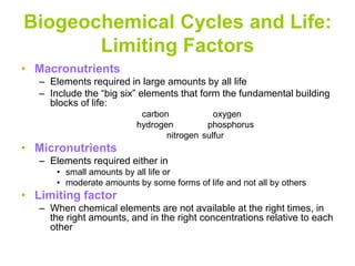 Biogeochemical Cycles and Life:
Limiting Factors
• Macronutrients
– Elements required in large amounts by all life
– Include the “big six” elements that form the fundamental building
blocks of life:
carbon oxygen
hydrogen phosphorus
nitrogen sulfur
• Micronutrients
– Elements required either in
• small amounts by all life or
• moderate amounts by some forms of life and not all by others
• Limiting factor
– When chemical elements are not available at the right times, in
the right amounts, and in the right concentrations relative to each
other
 